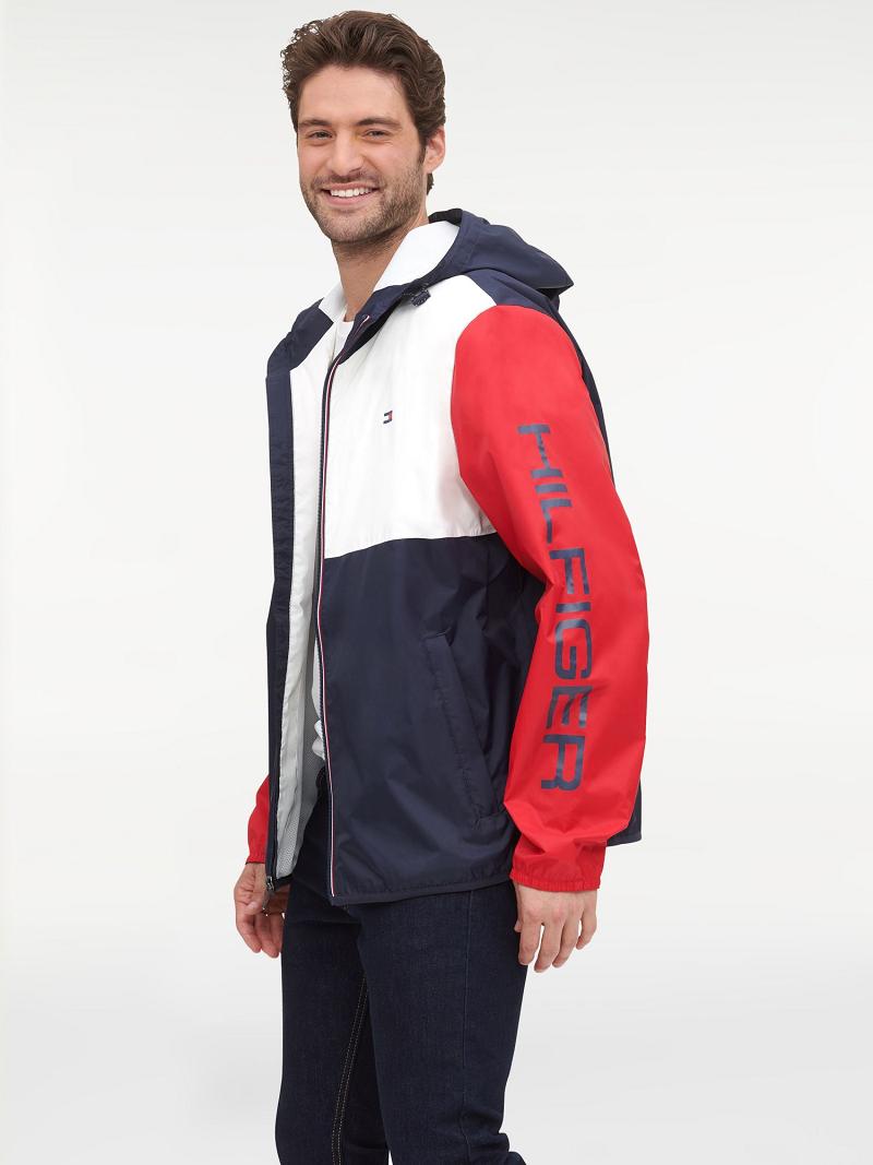 Férfi Tommy Hilfiger Essential colorblock windbreaker Kabát Fehér Piros Sötétkék | HU 1184NWY